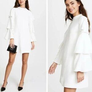 Alexis Marianne White Tiered Bell-Sleeve Crepe Mini Shift Dress Ruffled Trim, S